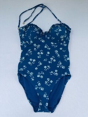 Kate Spade NY Blue Floral Sweetheart Underwire Halter  One-Piece Swimsuit Size L